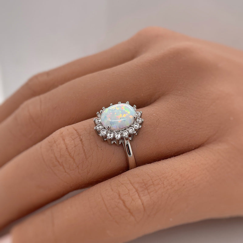 Elegant Halo Oval Cut Opal Stone Engagement Ring In Sterling Silver
