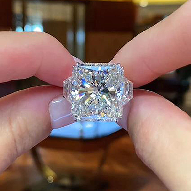Luxurious Crushed Ice Hybrid Radiant Cut Three Stone Engagement Ring In Sterling Silver