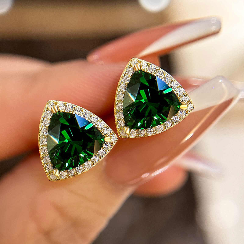 2.0Ct Elegant Yellow Gold Trillion Cut Emerald Green Earrings In Sterling Silver