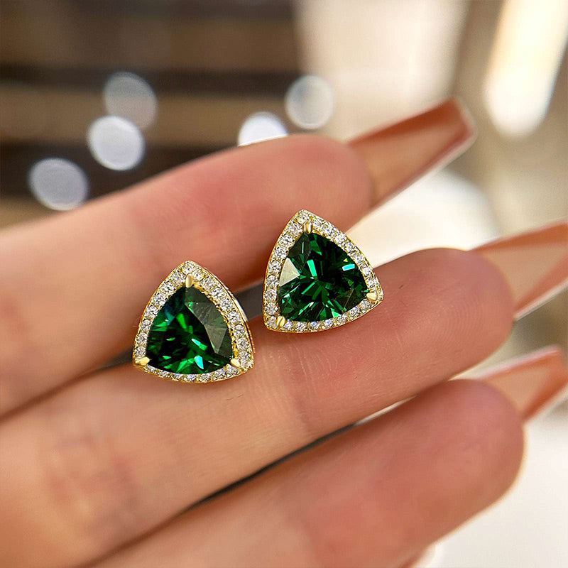 2.0Ct Elegant Yellow Gold Trillion Cut Emerald Green Earrings In Sterling Silver
