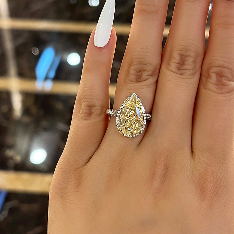 Halo Pear Cut Yellow Sapphire Engagement Ring In Sterling Silver
