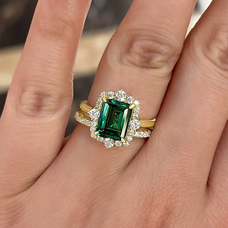 Exclusive Yellow Gold Halo Emerald Cut Wedding Sets In Sterling Silver