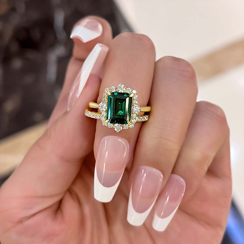 Exclusive Yellow Gold Halo Emerald Cut Wedding Sets In Sterling Silver