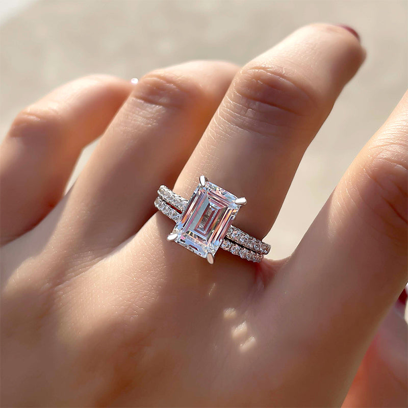 Classic Emerald Cut Wedding Ring Set In Sterling Silver