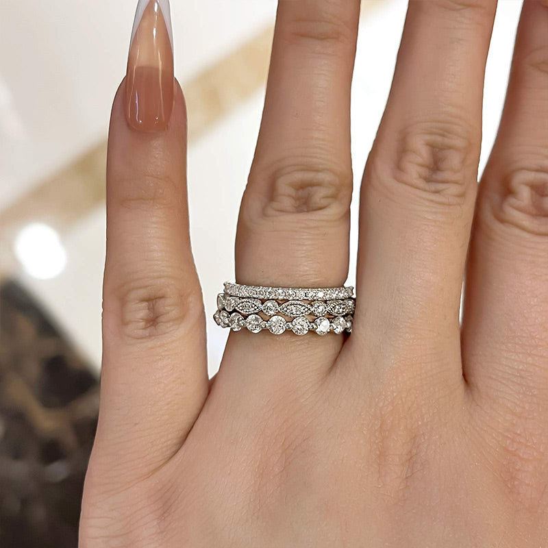 Art Deco 3-Pieces Stackable Wedding Band Set In Sterling Silver