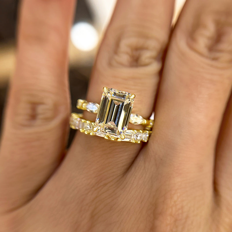 Exquisite Yellow Gold Emerald Cut Three Stone Wedding set For Women In Sterling Silver