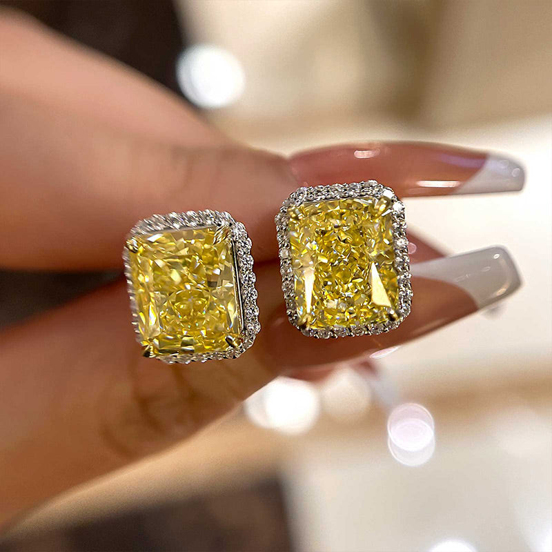3.5Ct Stunning Halo Cushion Cut Yellow Sapphire Women's Stud Earring In Sterling Silver