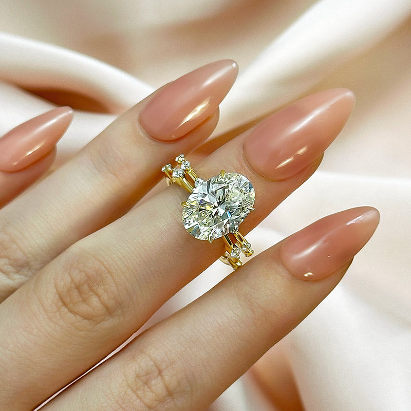 Ahabobo Yellow Gold Oval Cut Wedding Ring Set With Fashion Thin Wedding Band