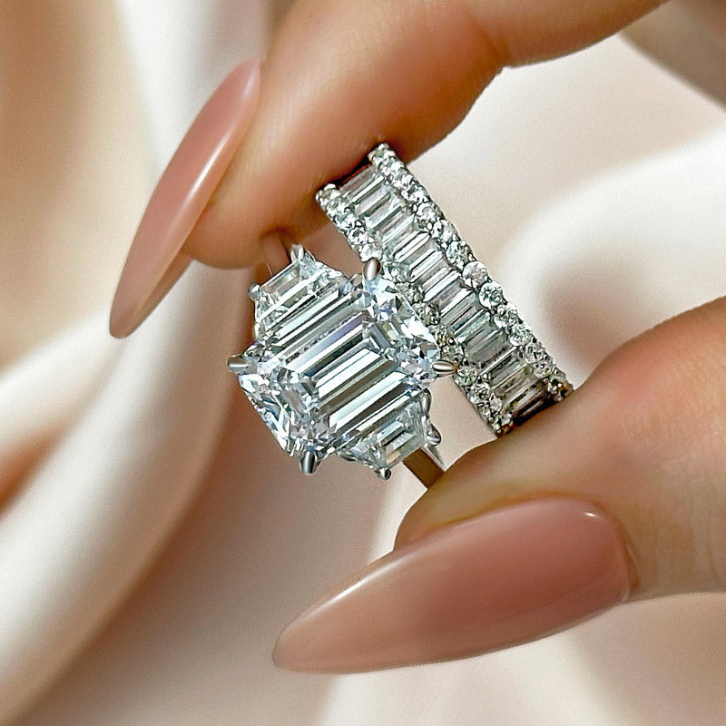 Ahabobo Three Stone Emerald Cut Wedding Ring Set With Luxurious Wedding Band
