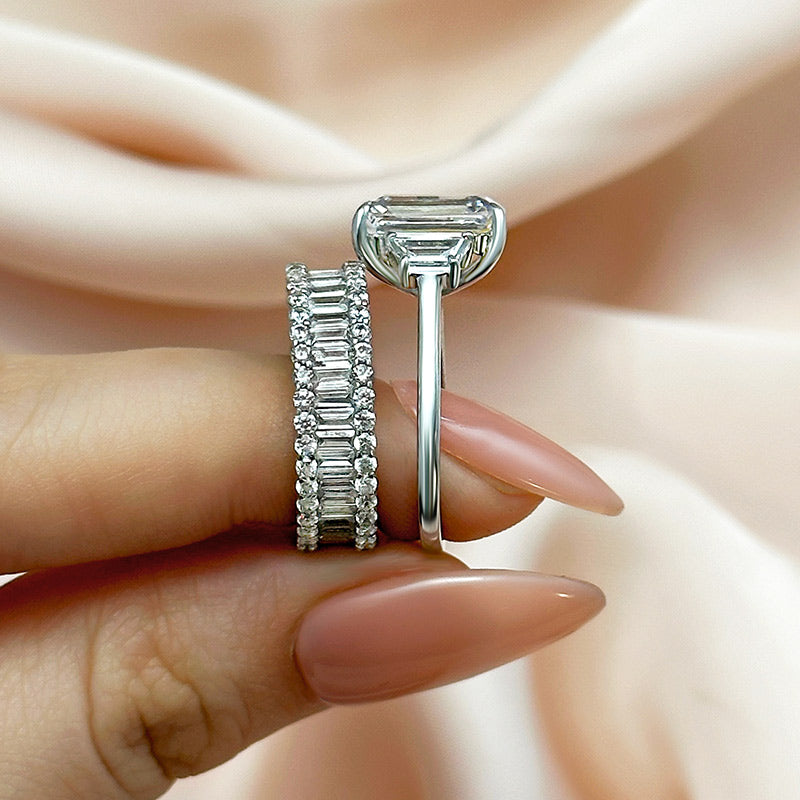 Ahabobo Three Stone Emerald Cut Wedding Ring Set With Luxurious Wedding Band