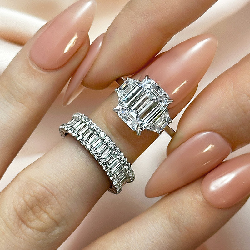 Ahabobo Three Stone Emerald Cut Wedding Ring Set With Luxurious Wedding Band