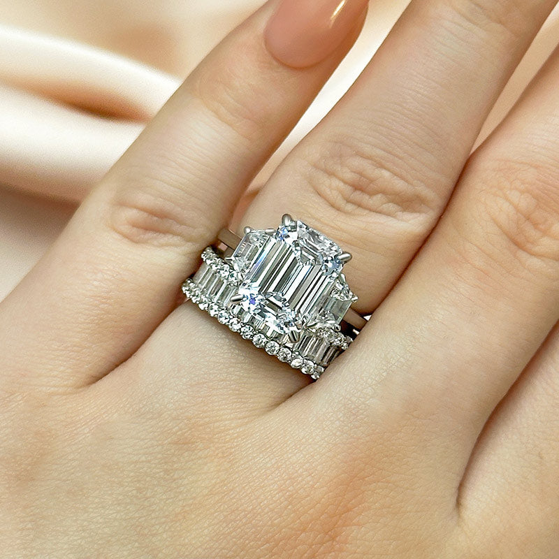 Ahabobo Three Stone Emerald Cut Wedding Ring Set With Luxurious Wedding Band