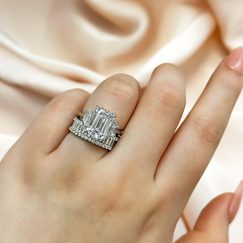 Ahabobo Three Stone Emerald Cut Wedding Ring Set With Luxurious Wedding Band