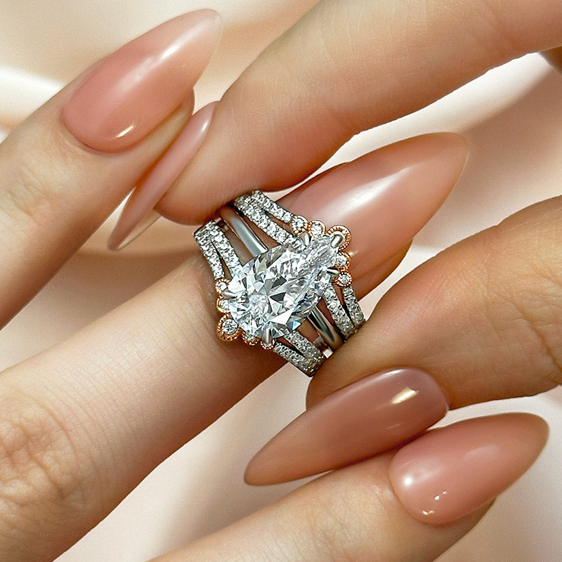 Maxine Pear Cut Insert Wedding Ring Set With Vintage Two-Tone Wedding Band
