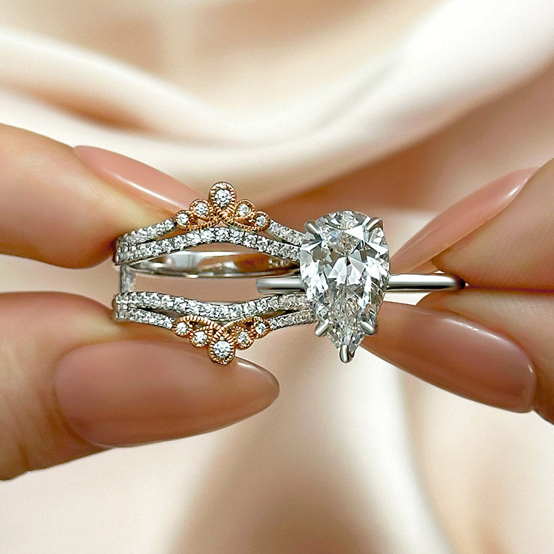 Maxine Pear Cut Insert Wedding Ring Set With Vintage Two-Tone Wedding Band