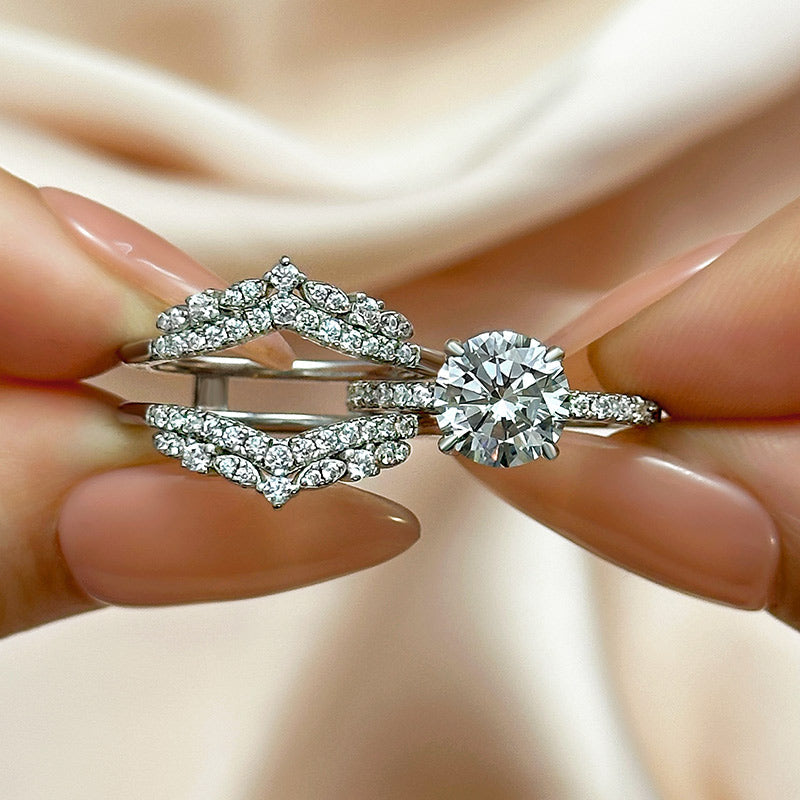 Maxine Classic Round Cut Insert Wedding Ring Set With Round Cut Jacket Wedding Band