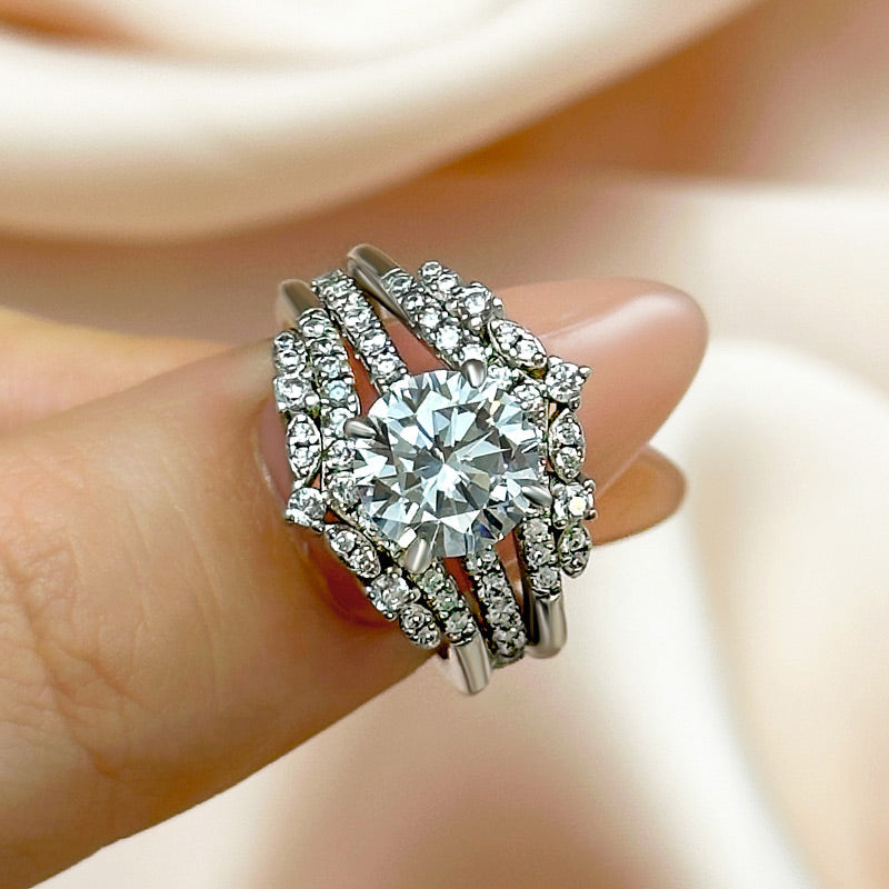 Maxine Classic Round Cut Insert Wedding Ring Set With Round Cut Jacket Wedding Band