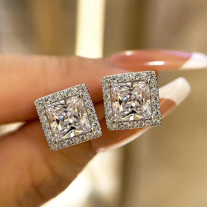 2.0Ct Fashion Halo Princess Cut Sona Simulated Diamond Stud Earrings In Sterling Silver