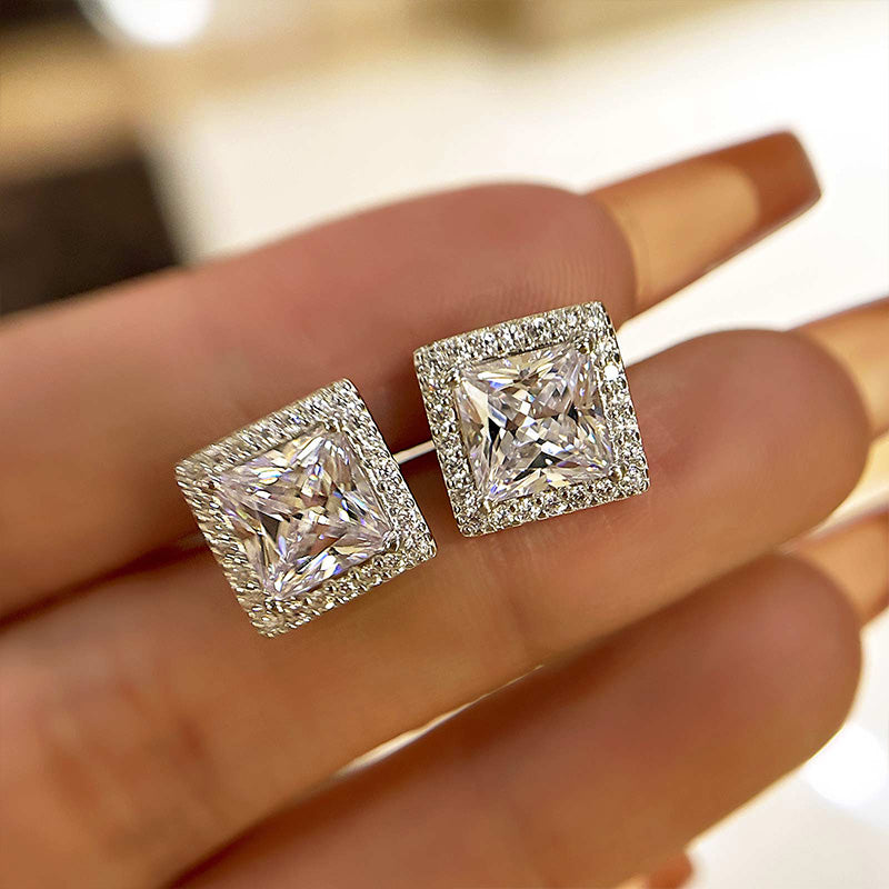 2.0Ct Fashion Halo Princess Cut Sona Simulated Diamond Stud Earrings In Sterling Silver
