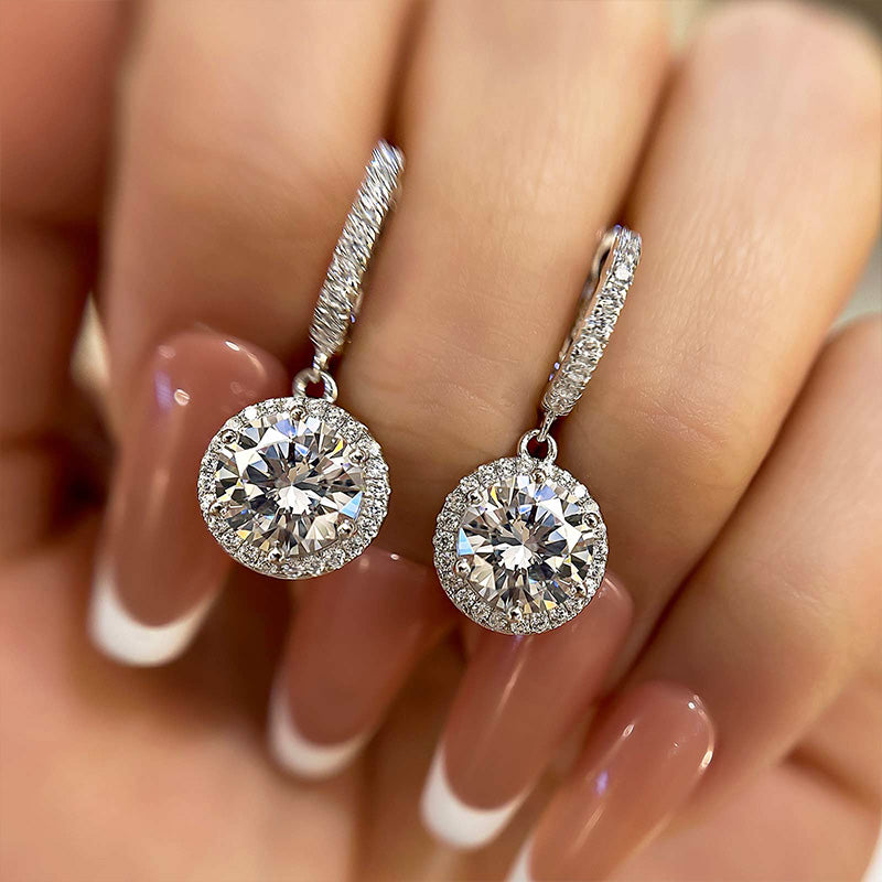 2.0Ct Classic Halo Round Cut Drop Earrings In Sterling Silver