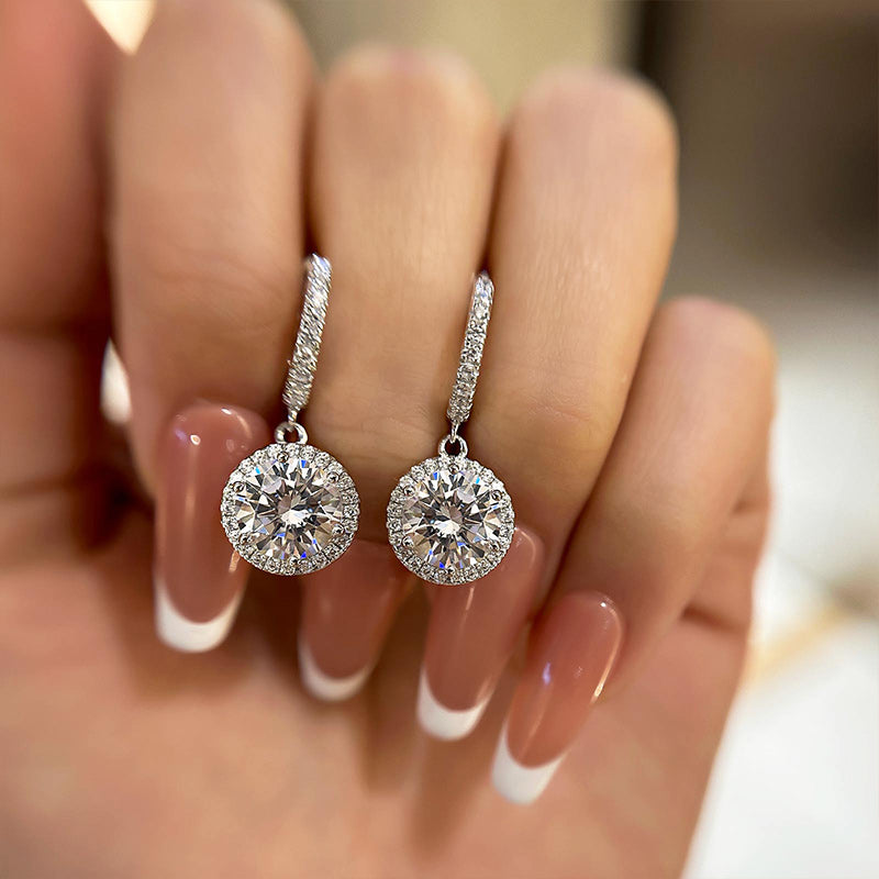 2.0Ct Classic Halo Round Cut Drop Earrings In Sterling Silver