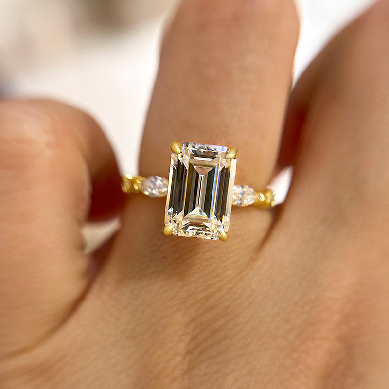 Classic Yellow Gold Emerald Cut Three Stone Engagement Ring For Women In Sterling Silver