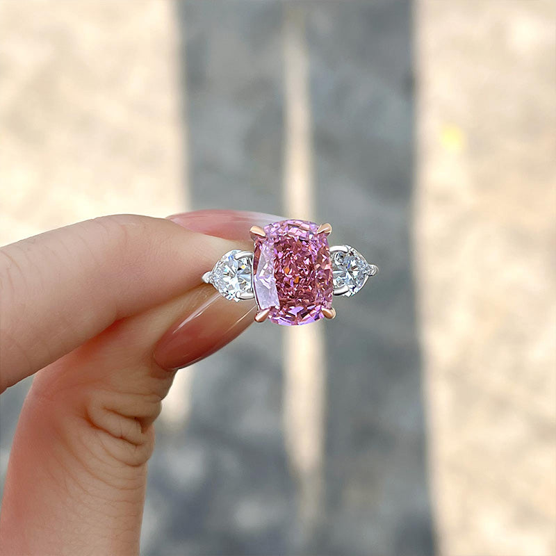 Elegant Cushion Cut Three Stone Pink Sapphire Engagement Ring In Sterling Silver