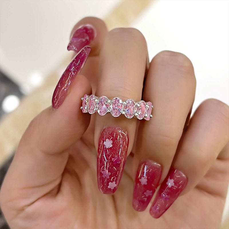 Stunning Oval Cut Pink Sapphire Simulated Diamond Wedding Band Ring In Sterling Silver