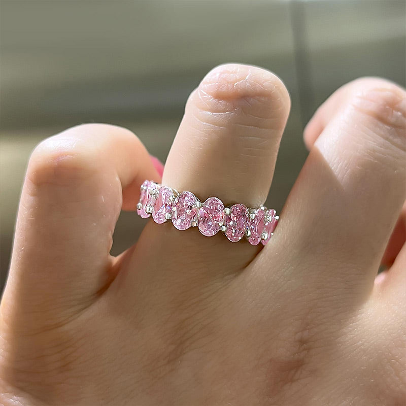 Stunning Oval Cut Pink Sapphire Simulated Diamond Wedding Band Ring In Sterling Silver