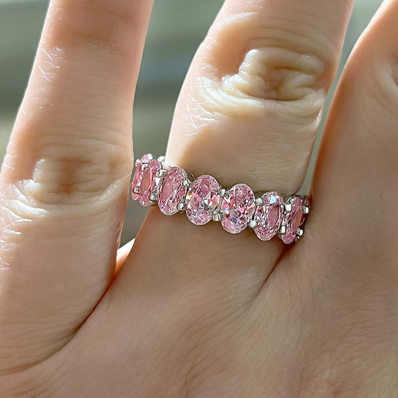 Stunning Oval Cut Pink Sapphire Simulated Diamond Wedding Band Ring In Sterling Silver