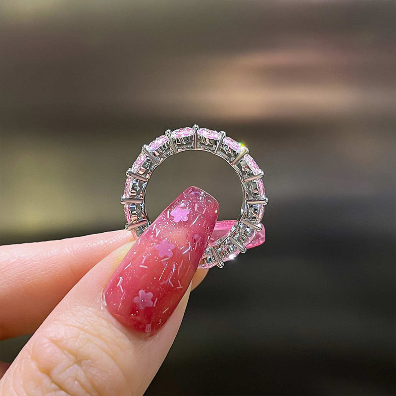 Stunning Oval Cut Pink Sapphire Simulated Diamond Wedding Band Ring In Sterling Silver