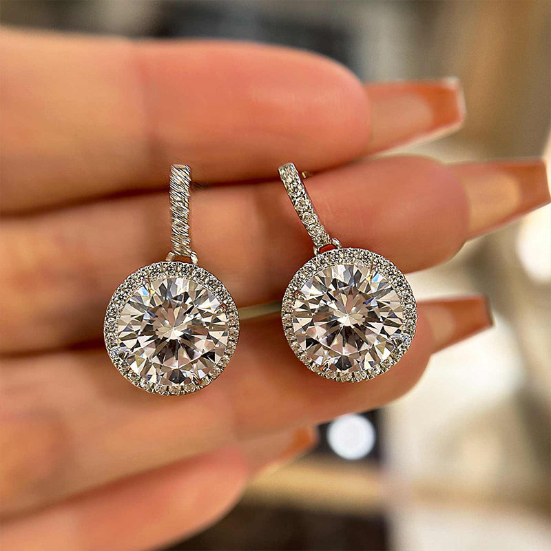 Stunning 5.0 Carat Halo Brilliant Cut Drop Earrings In Sterling Silver