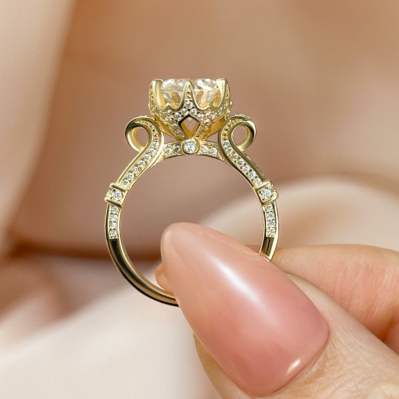 Moissanite Yellow Gold 2.0 Carat Round Cut Vintage Engagement Ring