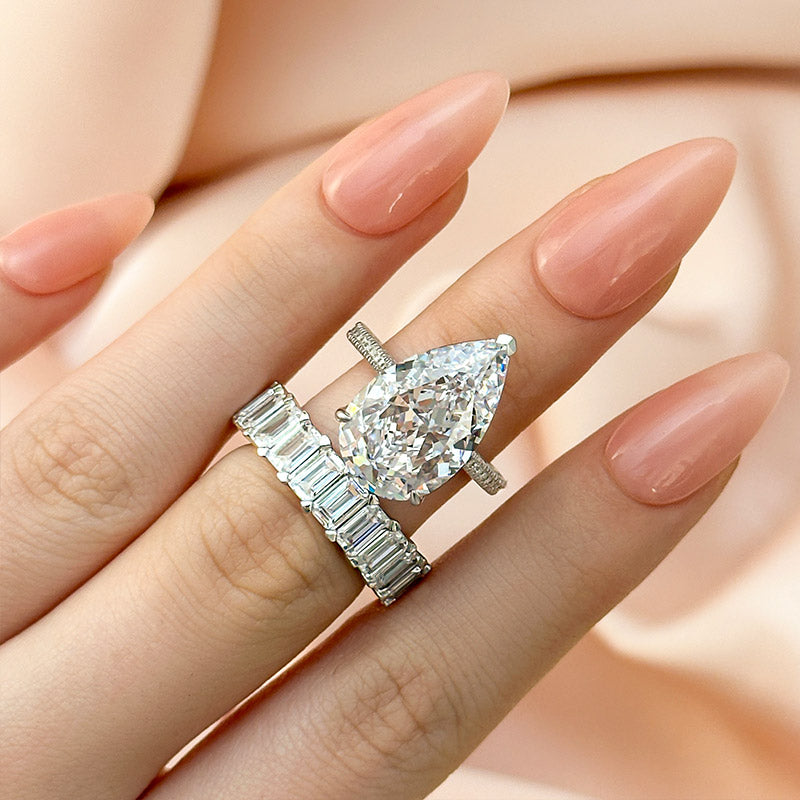 Maxine Classic 8.0 Carat Pear Cut Wedding Ring Set With Emerald Cut Wedding Band