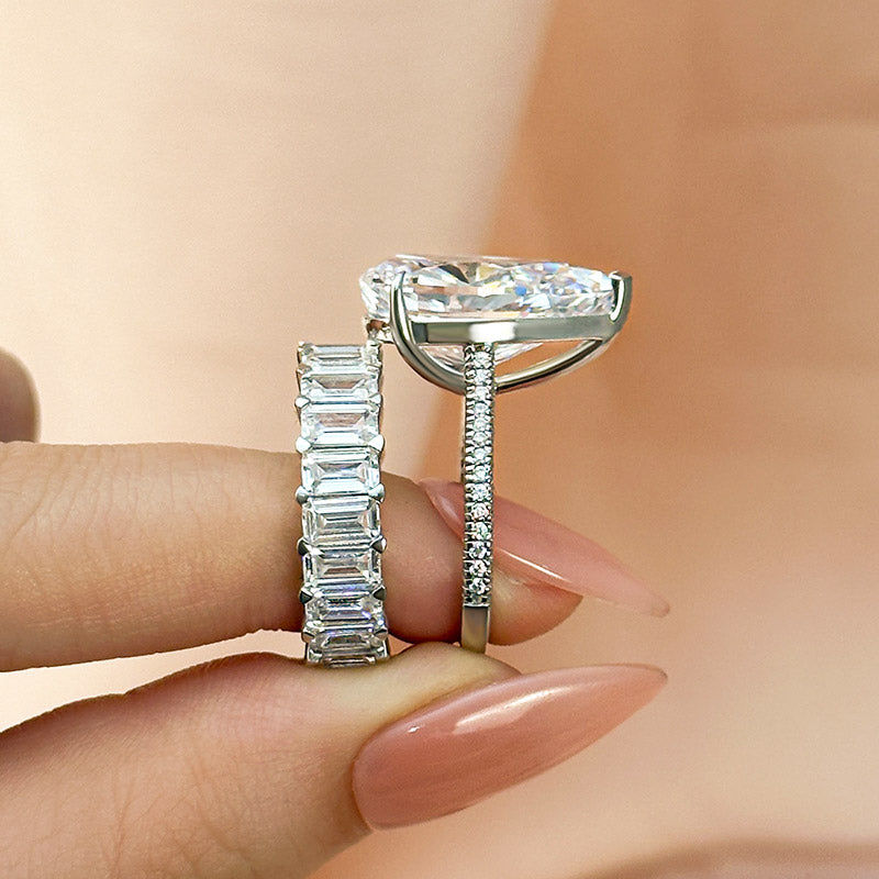 Ahabobo Classic 8.0 Carat Pear Cut Wedding Ring Set With Emerald Cut Wedding Band