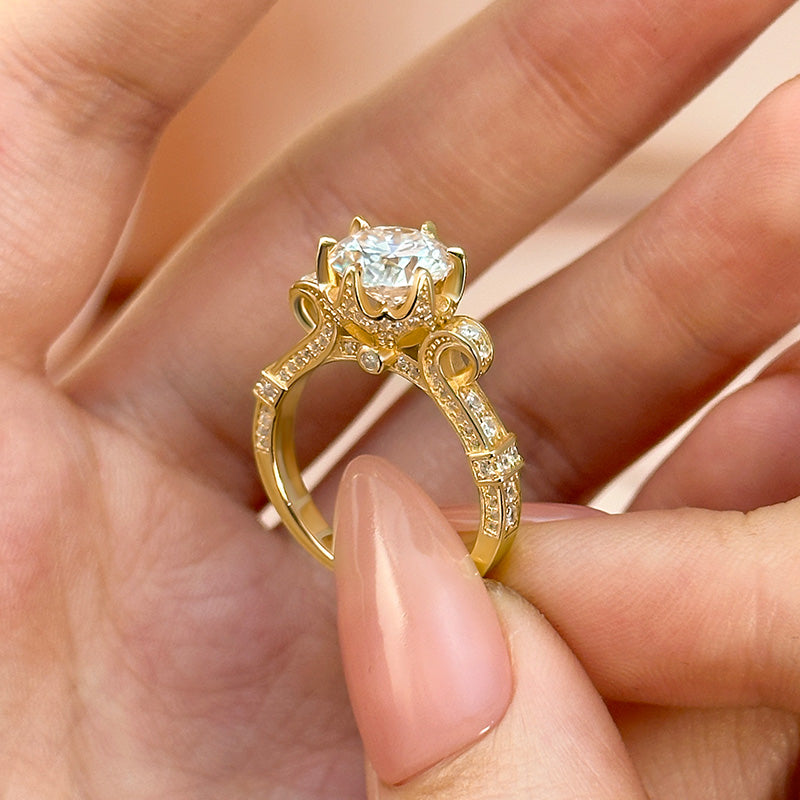Moissanite Yellow Gold 2.0 Carat Round Cut Vintage Engagement Ring
