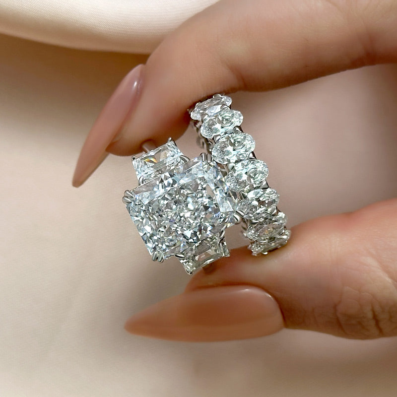 Luxurious 9.0Ct Three Stone Radiant Cut Wedding Set In Sterling Silver
