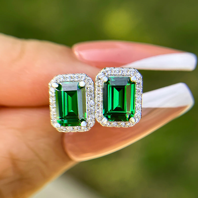 1.5Ct Emerald Green Halo Emerald Cut Women's Stud Earrings