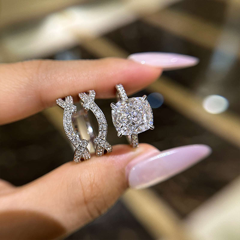 Ahabobo Vintage Cushion Cut Insert Wedding Ring Set For Women In Sterling Silver