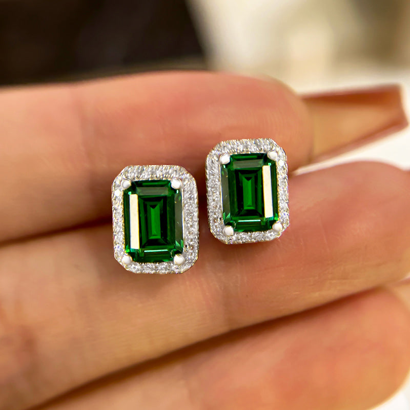 1.5Ct Emerald Green Halo Emerald Cut Women's Stud Earrings