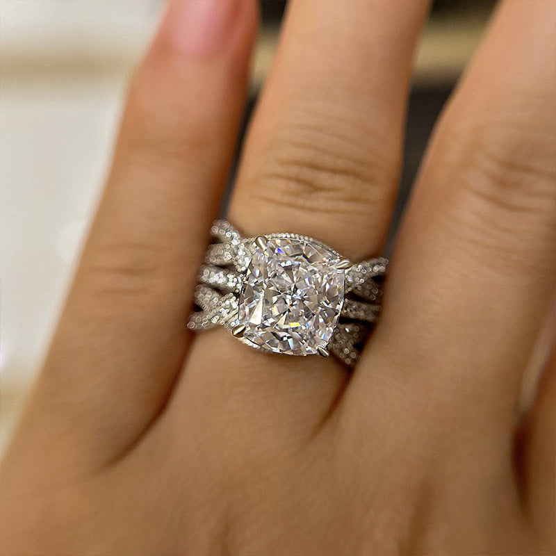 Ahabobo Vintage Cushion Cut Insert Wedding Ring Set For Women In Sterling Silver