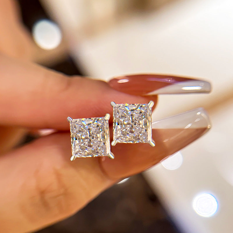 2.0Ct Square Princess Cut Sona Simulated Diamond Stud Earrings In Sterling Silver