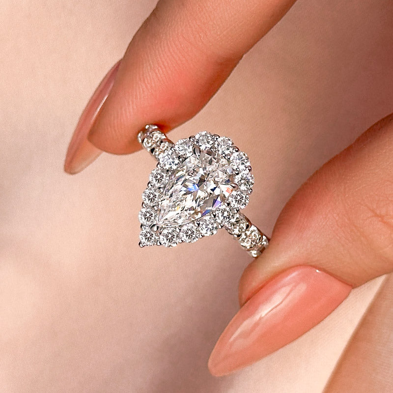 Ahabobo Classic Halo Pear Cut Engagement Ring In Sterling Silver
