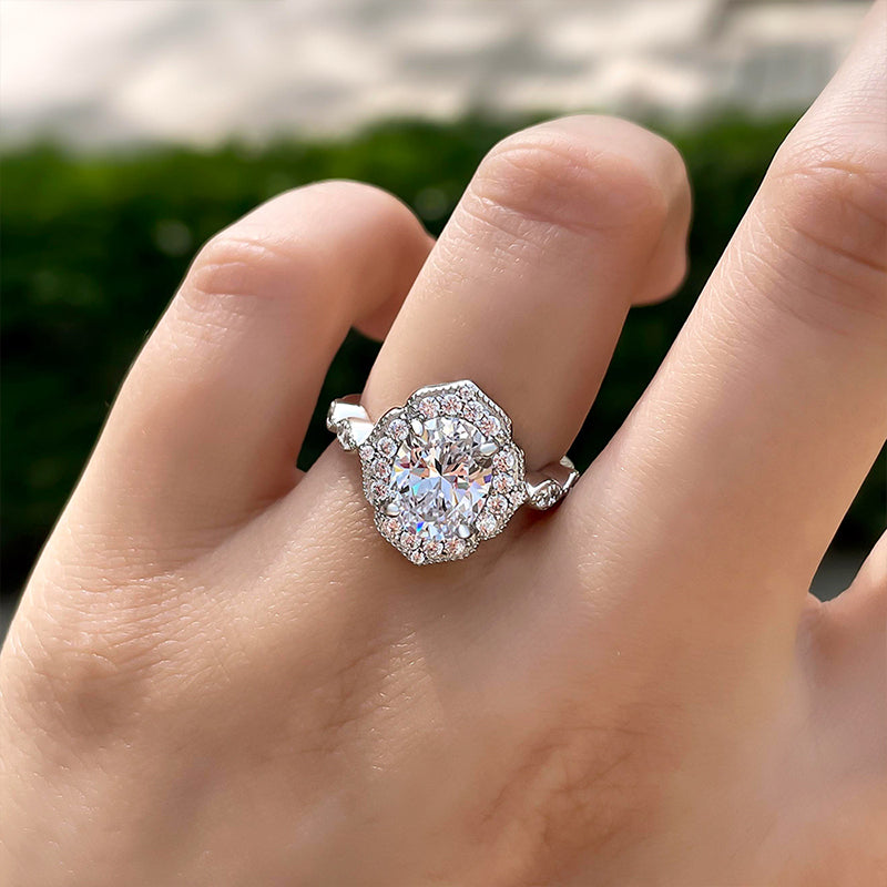 Vintage Halo Oval Cut Engagement Ring In Sterling Silver