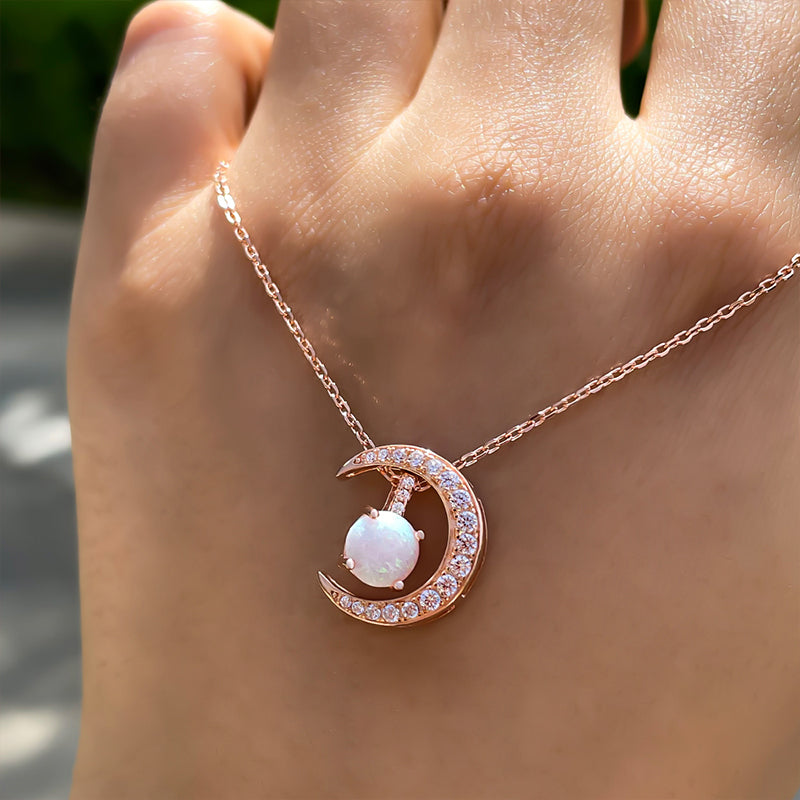 Rose Gold Moon Design Round Cut Opal Pendant Necklace In Sterling Silver