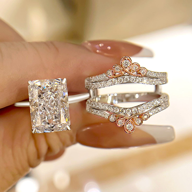 Special Two-tone Crown Design Radiant Cut Insert Wedding Ring Set