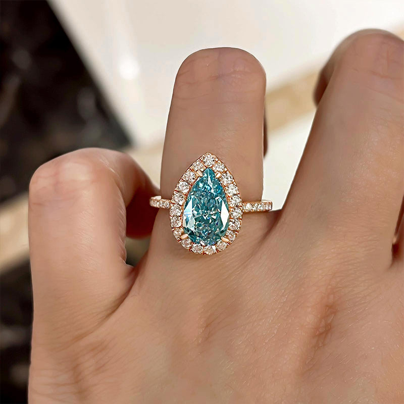 Exquisite Rose Gold Halo Pear Cut Cyan Blue Engagement Ring
