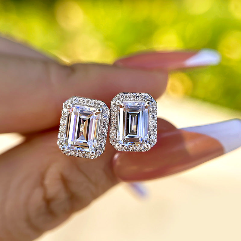 1.5Ct Sparkle Halo Emerald Cut Women's Stud Earrings In Sterling Silver