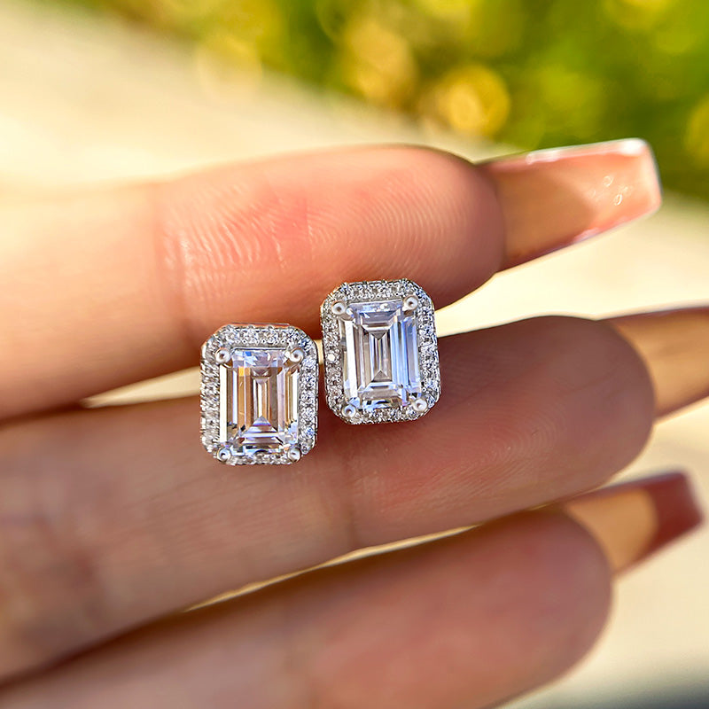 1.5Ct Sparkle Halo Emerald Cut Women's Stud Earrings In Sterling Silver