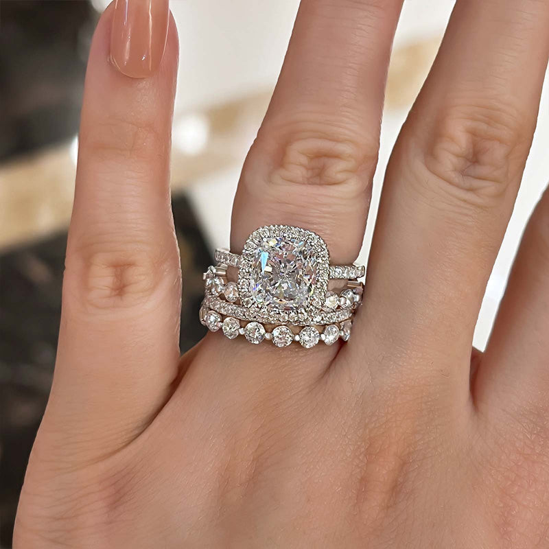 Stunning Halo Cushion Cut 4PC Wedding Set in Sterling Silver
